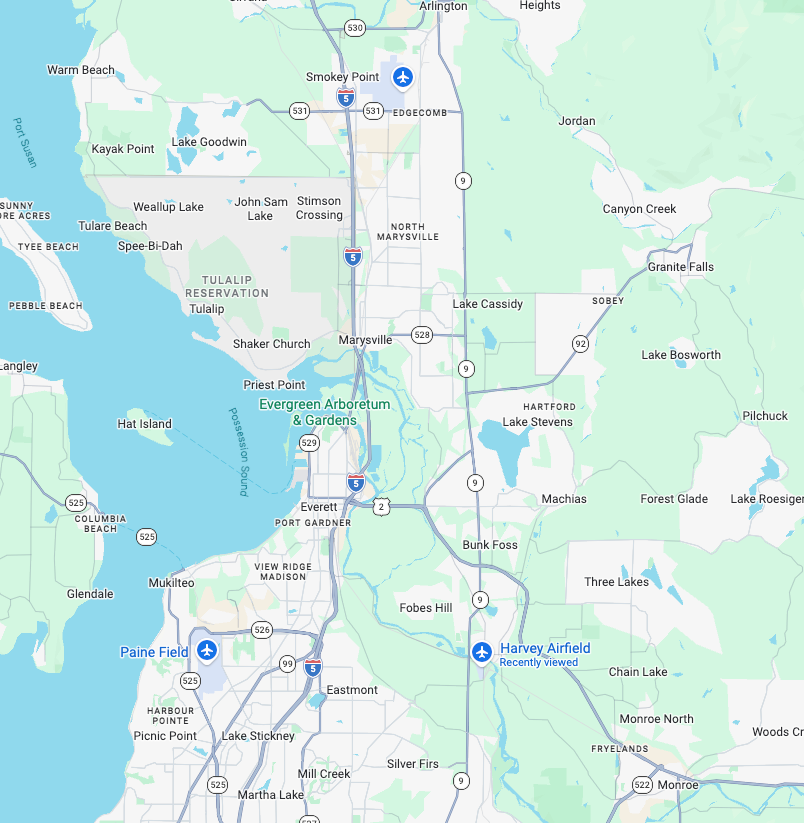Map showing Harvey Airfield, Arlington Municipal Airport, and Paine Field